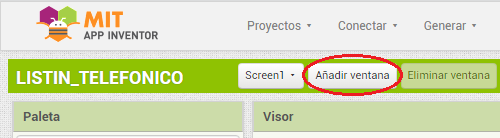 La imagen muestra la parte superior izquierda de la interfaz de App Inventor donde se localiza la opción de nueva ventana rodeada por una elipse de color rojo para destacarla