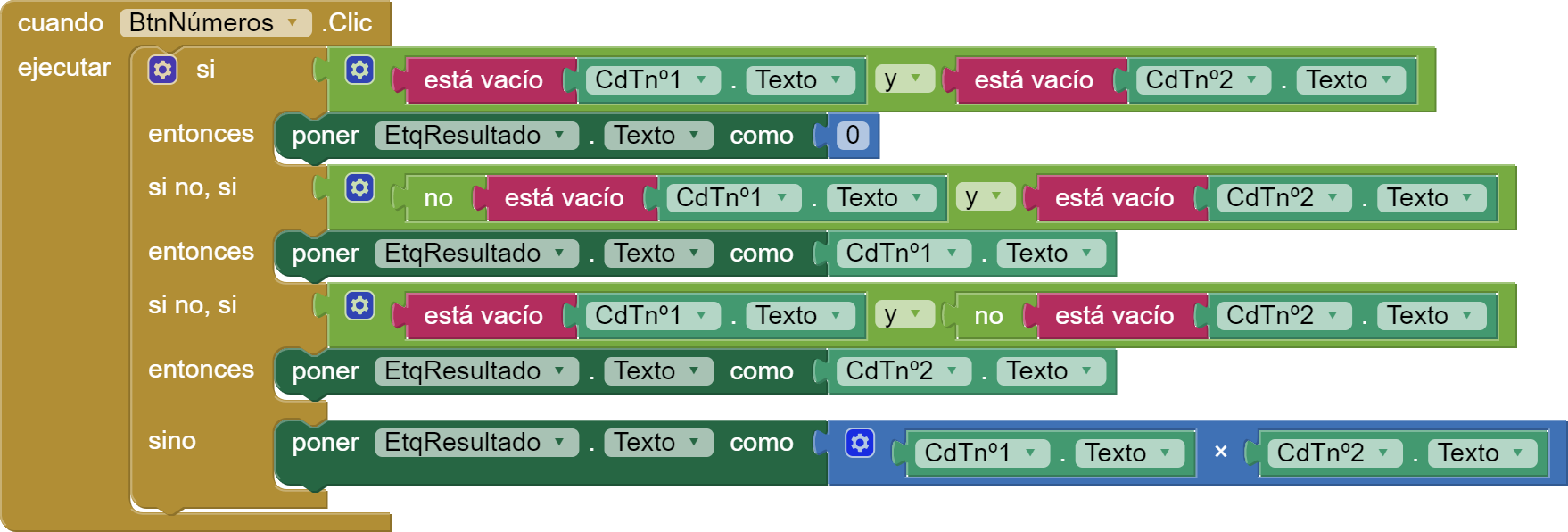 La imagen muestra una serie de bloques de App Inventor conectados formando un condicional con múltiples condiciones que hay que interpretar