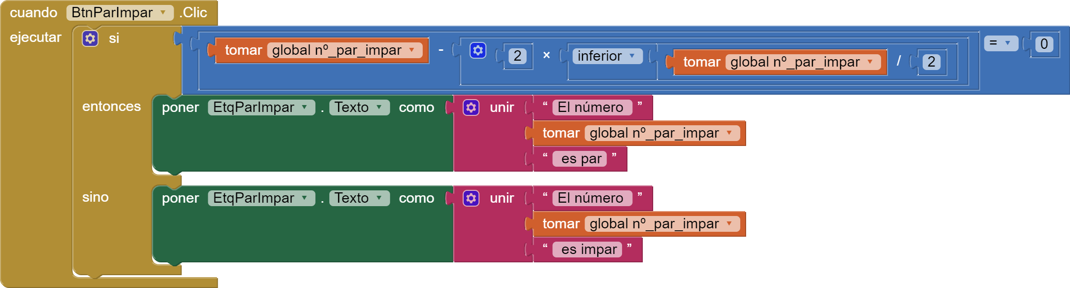 La imagen muestra una serie de bloques de App Inventor conectados formando un condicional si, entonces, si no que hay que interpretar