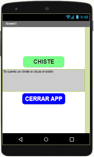 La imagen muestra el visor de App Inventor con dos componentes de tipo botón entre los que se ubica otro de tipo etiqueta, todos con una configuración que permite mostrar su aspecto deseado