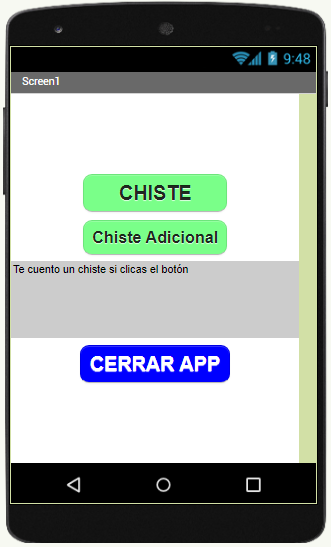 La imagen muestra el visor de App Inventor conteniendo tres componentes de tipo botón y uno de tipo etiqueta después de los dos primeros botones, todos convenientemente configurados para mostrar su aspecto definitivo