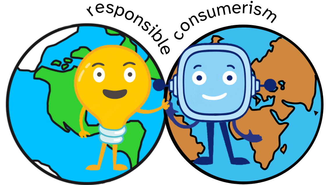 La imagen muestra dos globos terráqueos y encima de ellos aparecen los personajes LUMEN y RETOR dándose la mano en el centro de la imagen y, encima de ellos, la leyenda “responsible consumerism”.