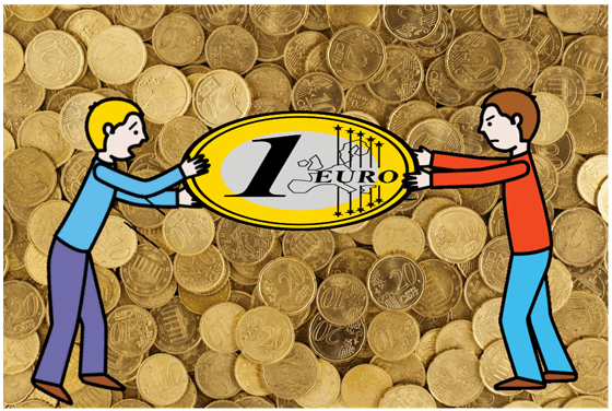 La imagen muestra dos personas peleándose por una moneda de euro de la que están tirando con fuerza, todo ello sobre una imagen de muchos céntimos de euro.