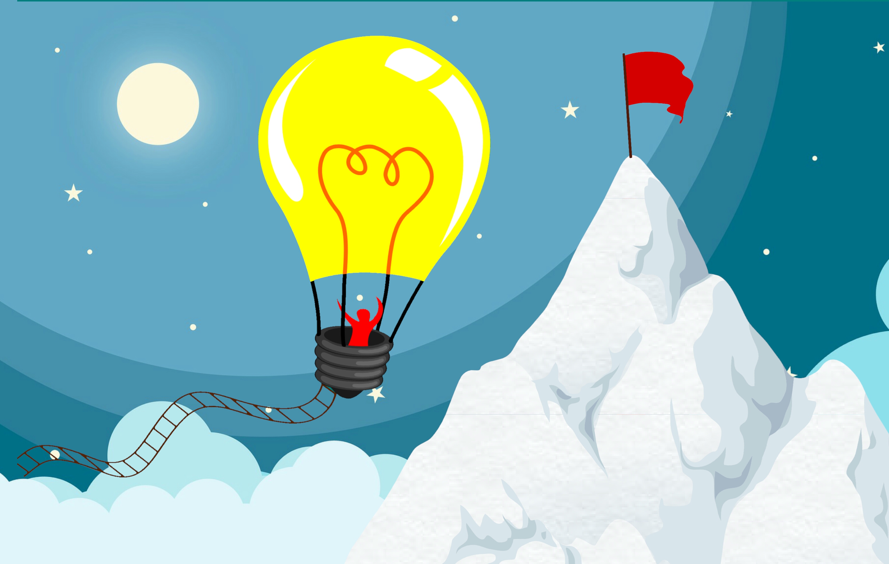 La imagen muestra una montaña alta nevada y coronada con una bandera roja hacia la que se aproxima un globo con forma de bombilla brillante del que cae una escalera, pilotado por una persona con los brazos levantados.
