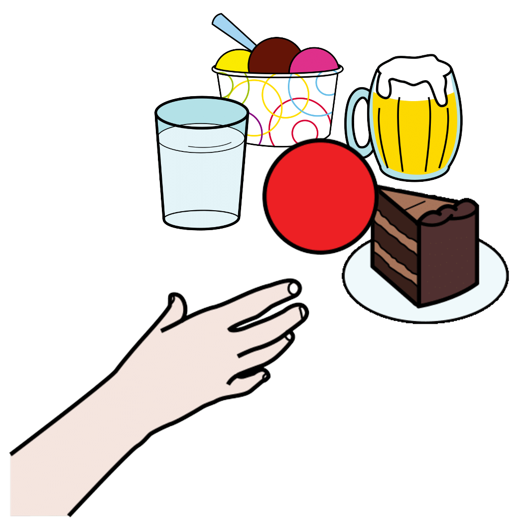 La imagen muestra una mano tendida hacia varios productos, un helado, una copa, un trozo de tarta y un vaso. 