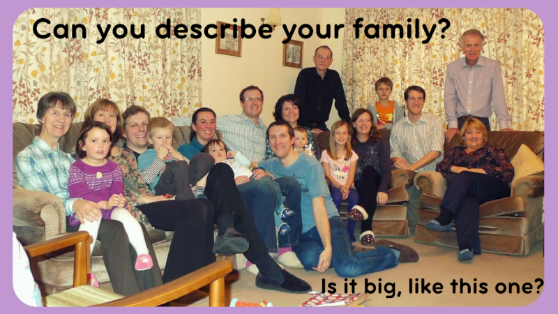 En la imagen puedes ver muchos miembros de una familia sentados en el sofá y en el suelo de una sala de estar