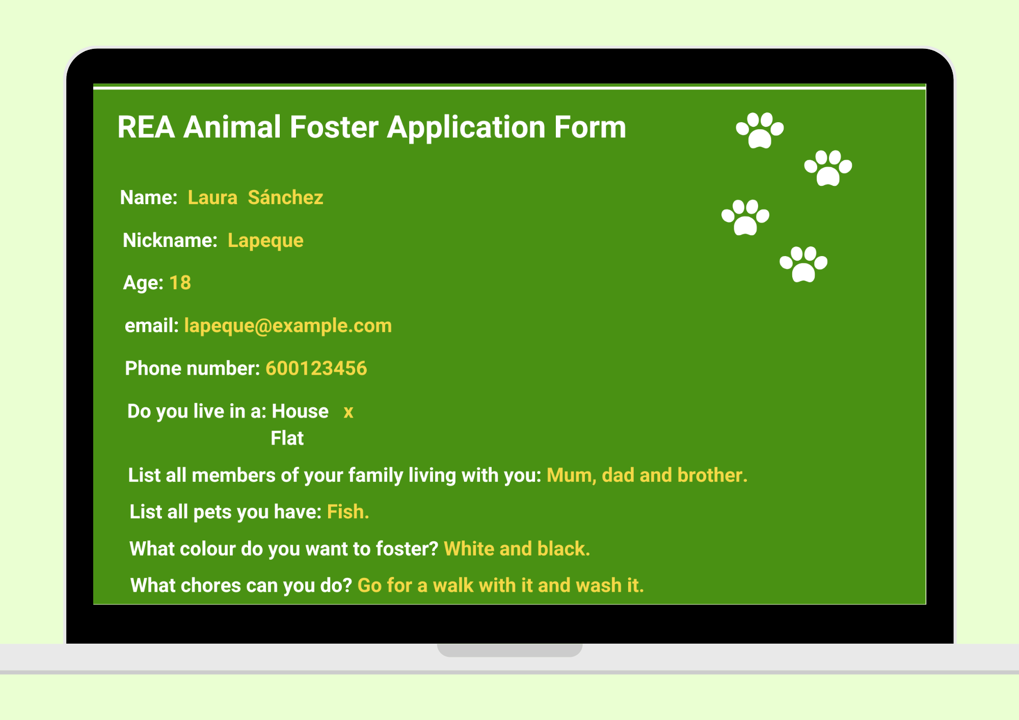 En la imagen puedes ver un formulario de solicitud de aocgida de animales en el que aprecen rellenos los diferentes campos que se recogen