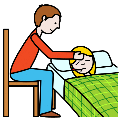 En la imagen puedes ver el pictograma de la palabra cuidar, en el que aparece un hombre que cuida de una mujer que está tumbada en la cama y con síntomas de fiebre