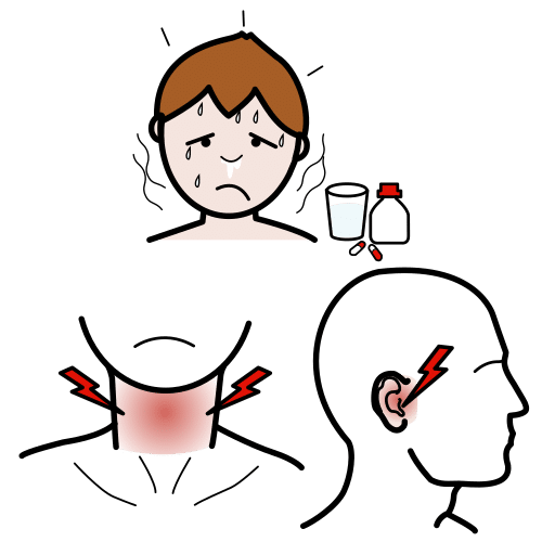 Disease La imagen muestra arriba la cara de una persona sudando y triste y al lado medicamentos. Abajo a la izquierda aparece un cuello rojo y abajo a la derecha aparece una persona de perfil con el oído rojo.
