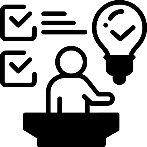 La imagen muestra el icono de una persona dando un discurso en público, con el símbolo de tener una idea (una bombilla) y varios “checks”.