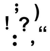En la imagen aparecen diferentes signos de puntuación: signos de exclamación e interrogación, punto y coma, dos puntos, comillas, paréntesis, coma.