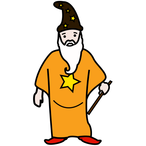 Wizard La imagen muestra un mago con gorro,túnica y varita mágica.