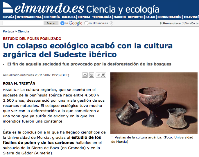 Noticia de El Mundo sobre la posible causa de desaparición de la cultura argárica