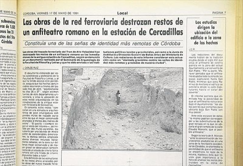 Noticia del Diario de Córdoba del 17 de mayo de 1991 haciendo referencia a la destrucción del yacimiento de Cercadilla