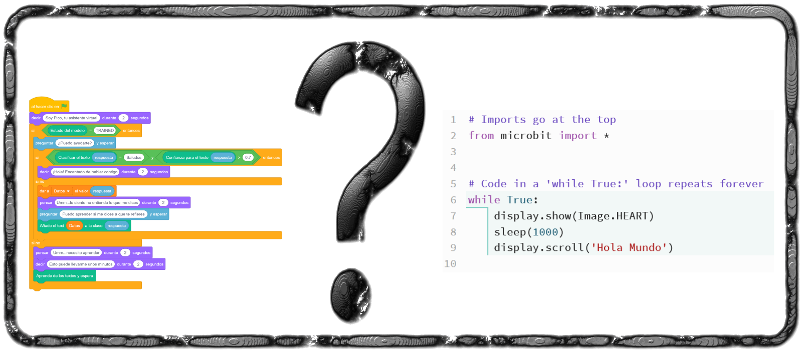 Imagen de un editor de código por bloques frente a un editor de código en modo texto.