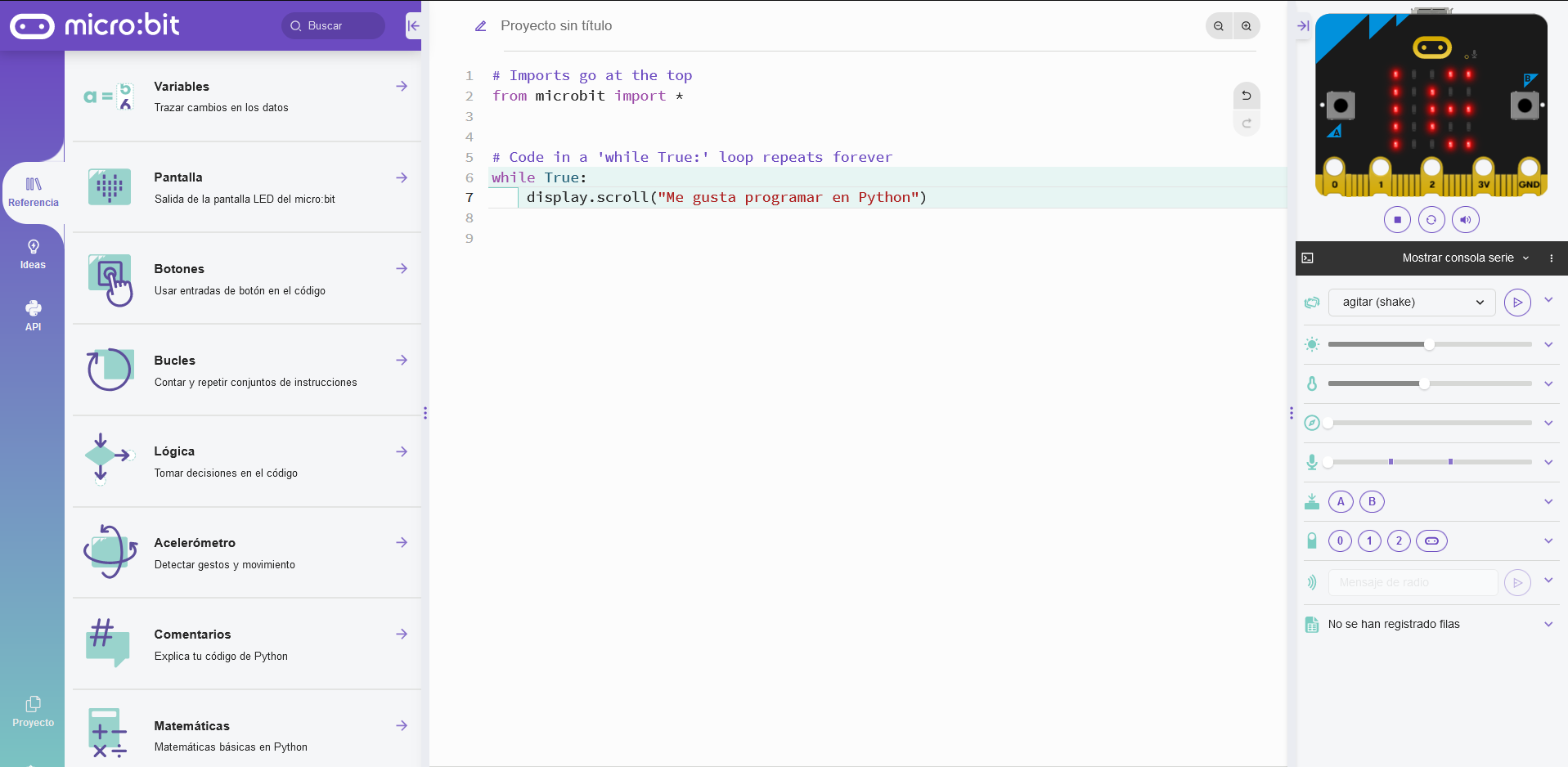 Imagen de la pantalla del editor de código Python.