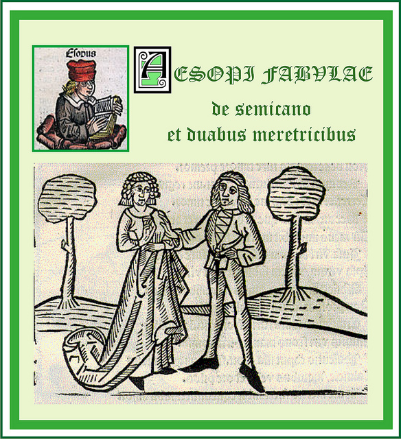 Ilustración de elaboración propia que muestra dos grabados medievales, uno del propio Esopo y el otro de una pareja de amantes