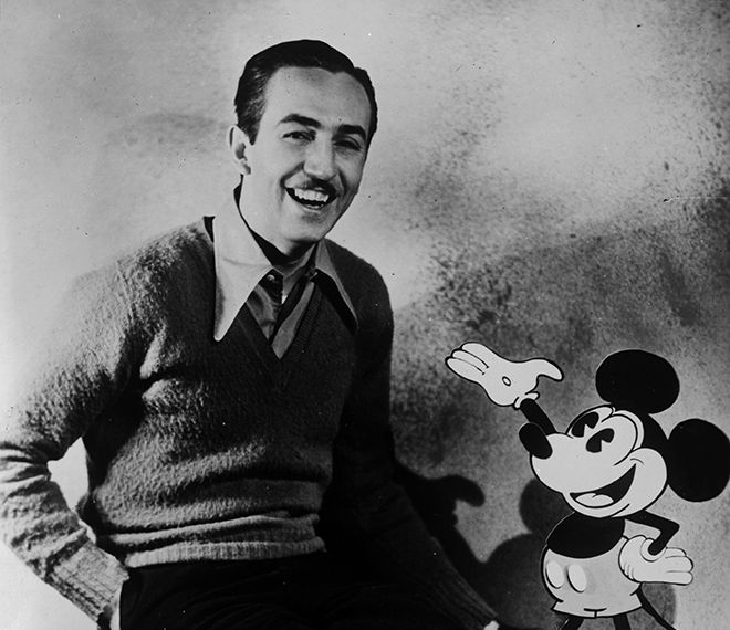 Retrato de Walt Disney con su ratón Mickey