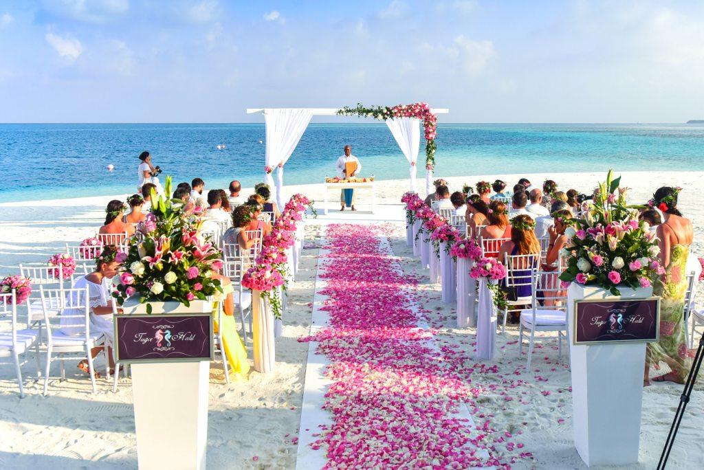 La imagen muestra una boda en la playa con los invitados.