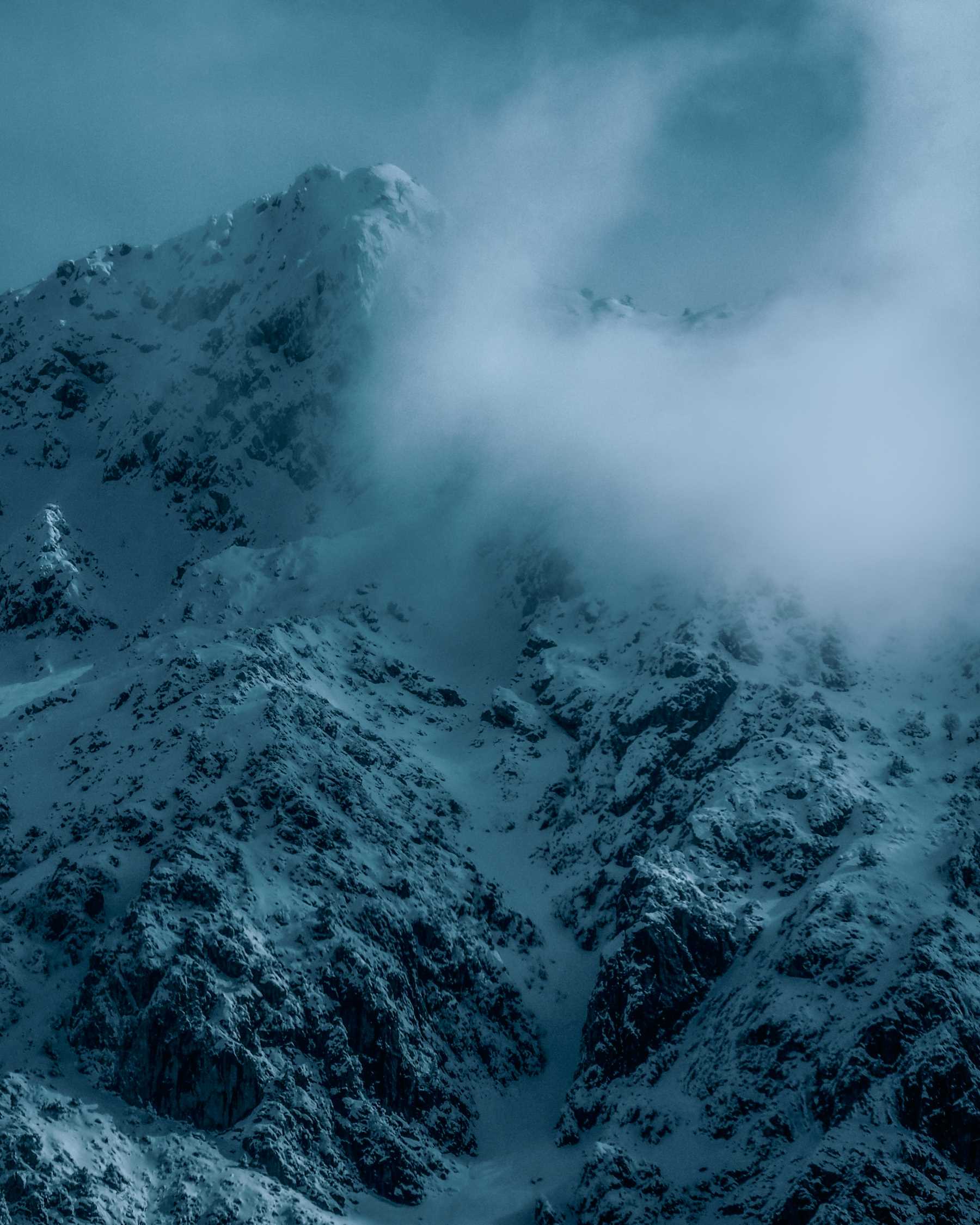 La imagen muestra la ladera de una montaña nevada. 