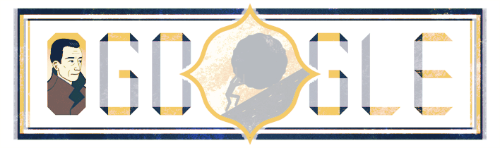 La cabecera del buscador hace un homenaje al escritor Alber Camus con un dibujo que reúne el nombre del buscador google, el retratro del escritor y un dibujo en movimiento de Sísifo