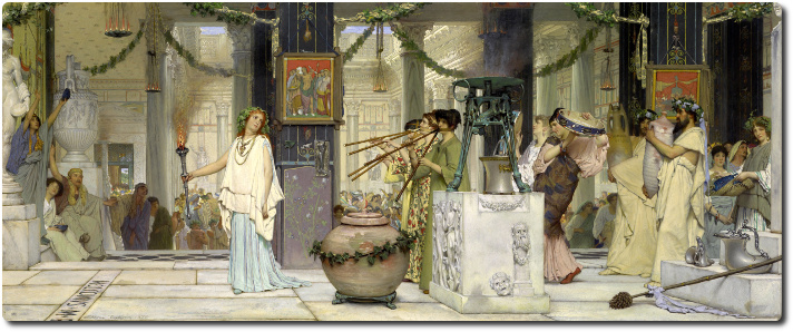 Celebración de un festival en Roma con flautistas y danzarinas