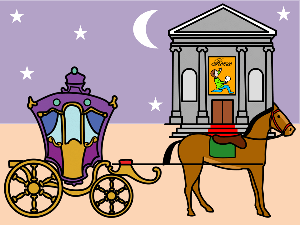 Un coche de caballos llegando al estreno de un teatro
