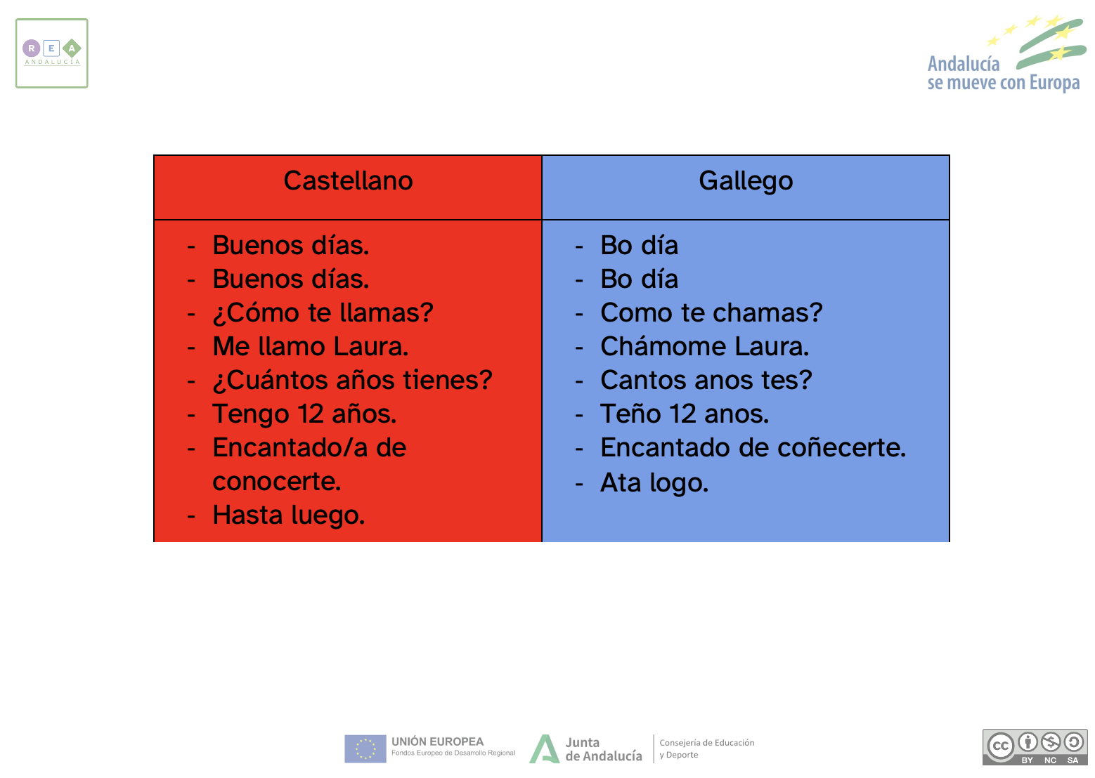 Una tabla con dos columnas una en castellano y otra en gallego con la transcripción del vídeo