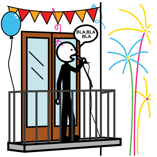 En la imagen aparece una persona en un balcón, rodeado de adornos de fiesta y fuegos artificiales. Tiene un micrófono y está diciendo algo.