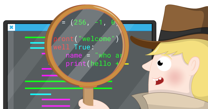 En la imagen aparece un hombre con un gorro y una lupa, investigando una pantalla de ordenador llena de números