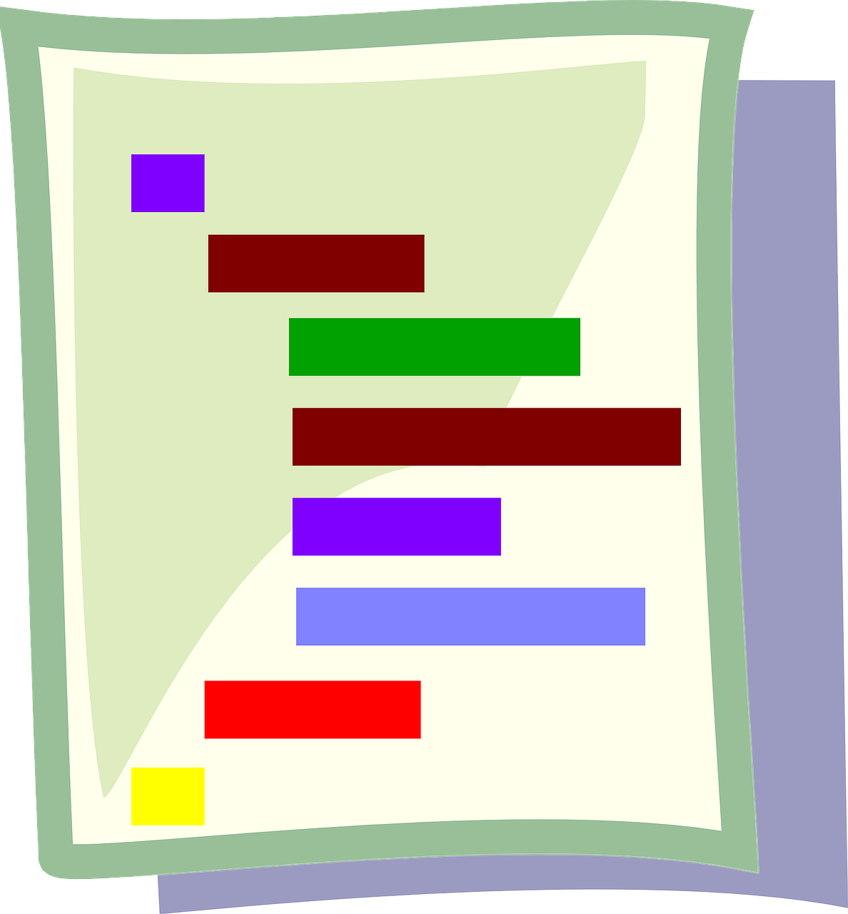 Aparece el dibujo de una hoja con unos rectángulos de colores que indican un esquema y subrayado.
