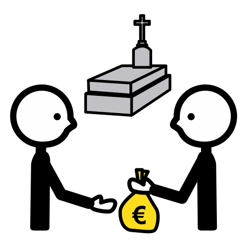 En la imagen aparecen dos personas y al fondo una tumba. Una de las personas está dando una bolsa de dinero a la otra