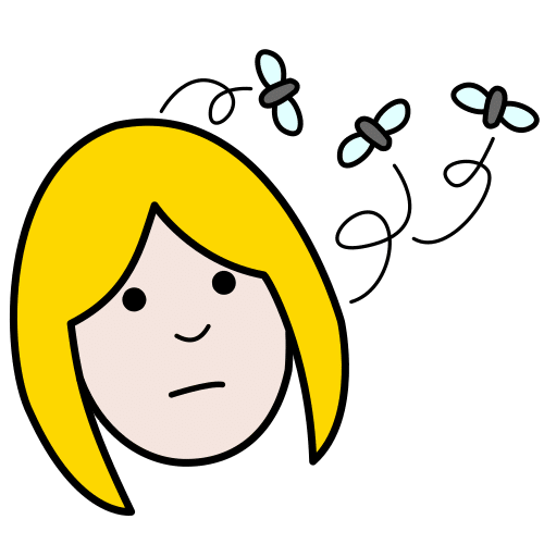 Dibujo de una niña con  moscas revoloteando alrededor.