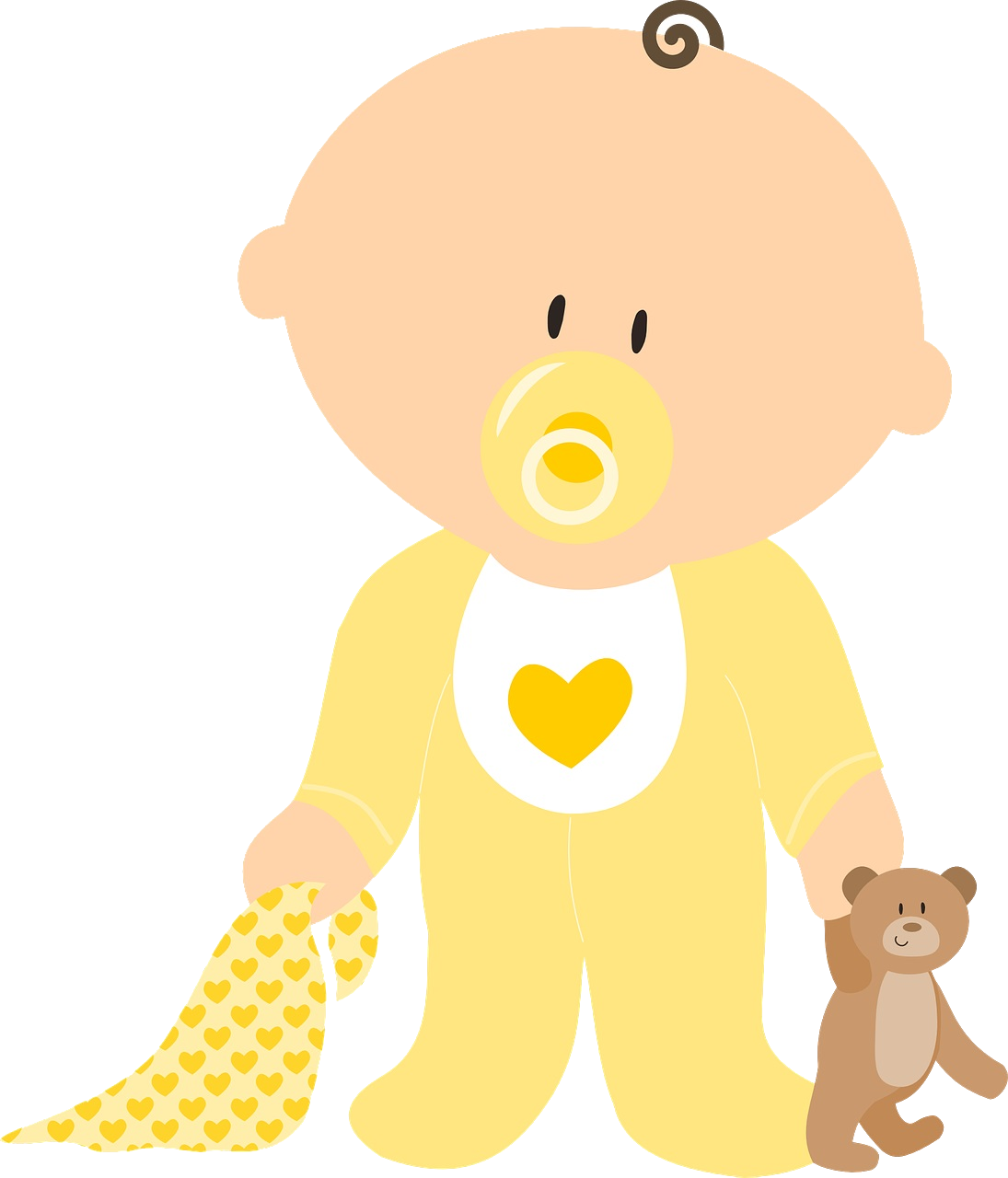 La imagen muestra un bebé de pie, con un pijama amarillo. Lleva puesto un chupete. En la mano derecha lleva un osito de peluche y en la izquierda una manta de bebé