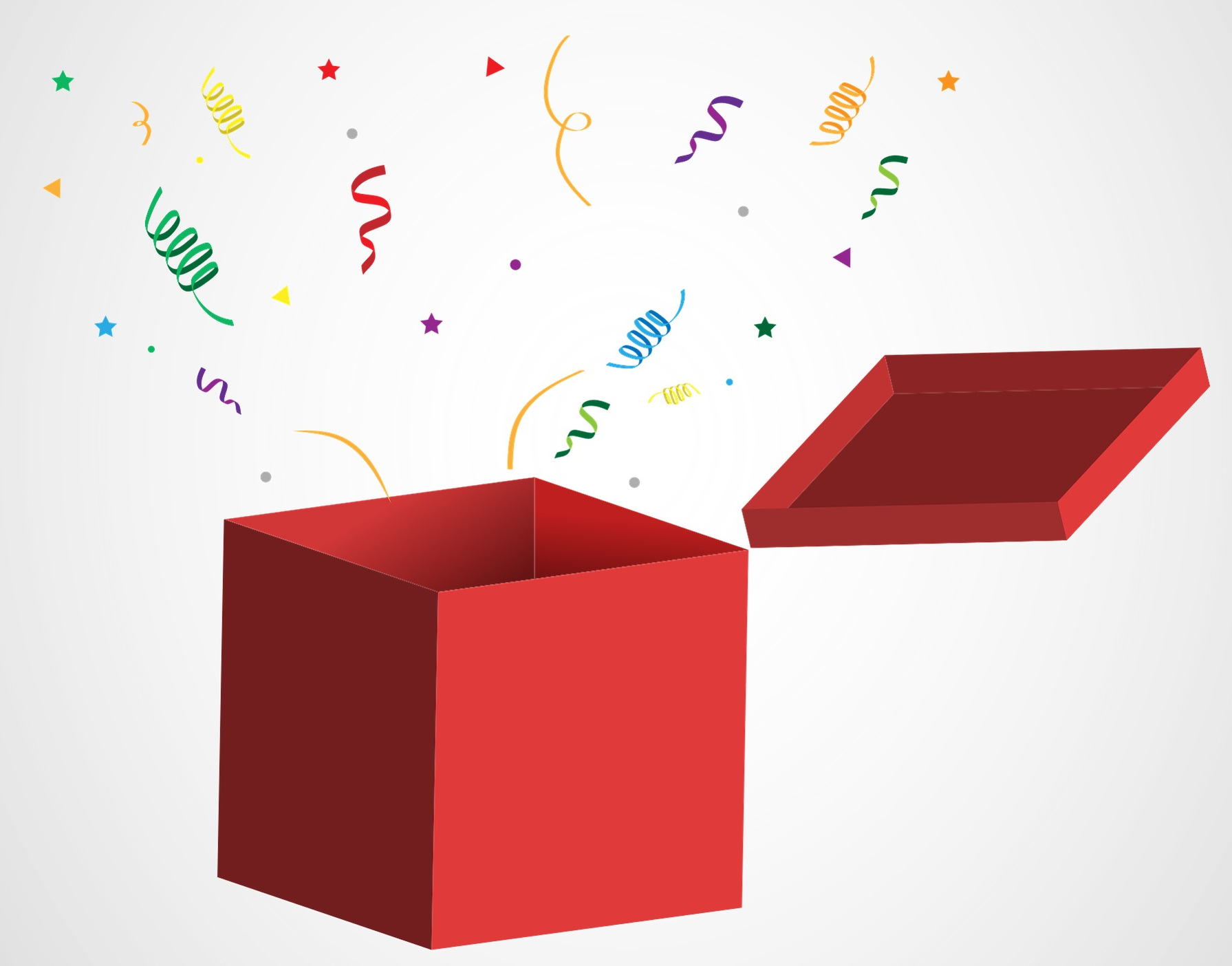 La imagen muestra una caja roja de la que salen papelitos y serpentinas de colores