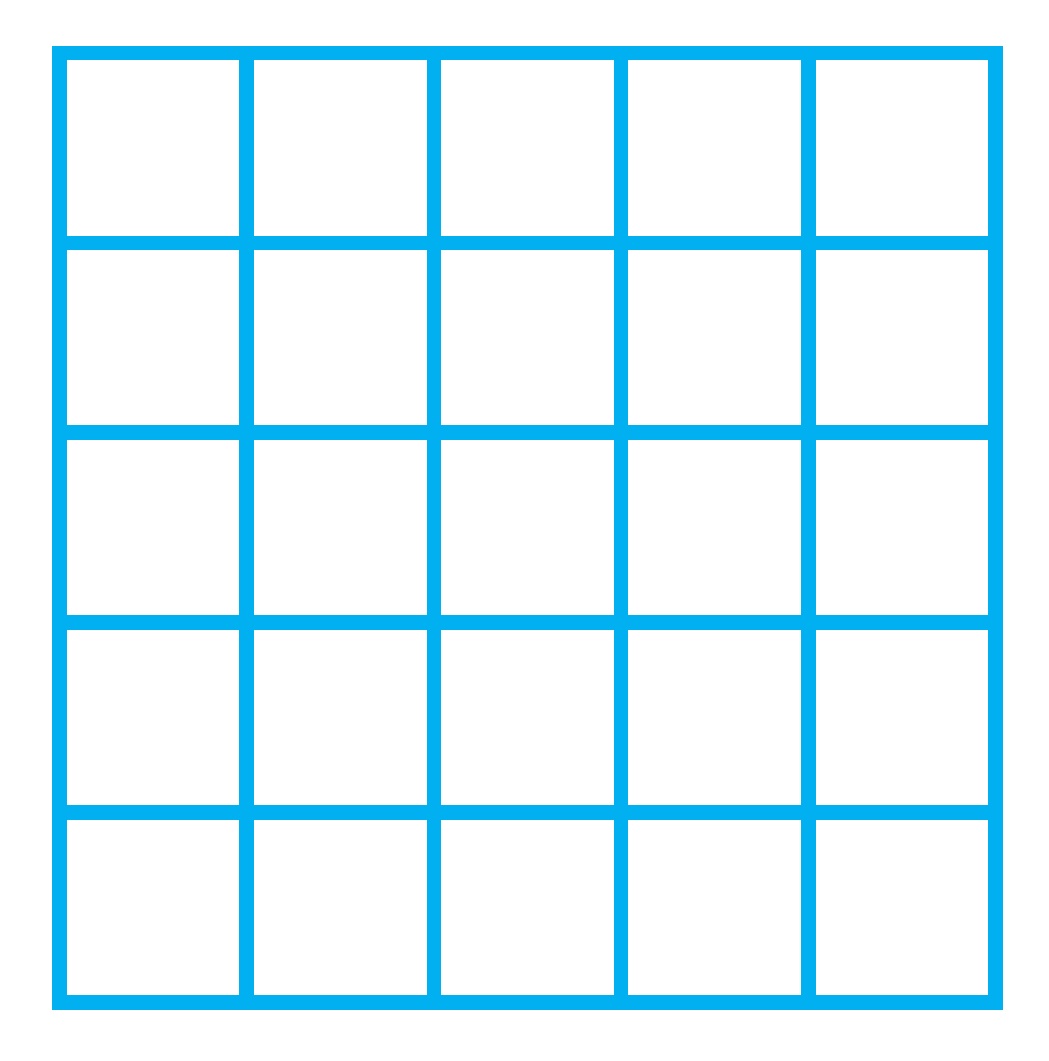 La imagen muestra una cuadrícula de cinco columnas y cinco filas, con líneas azul celeste