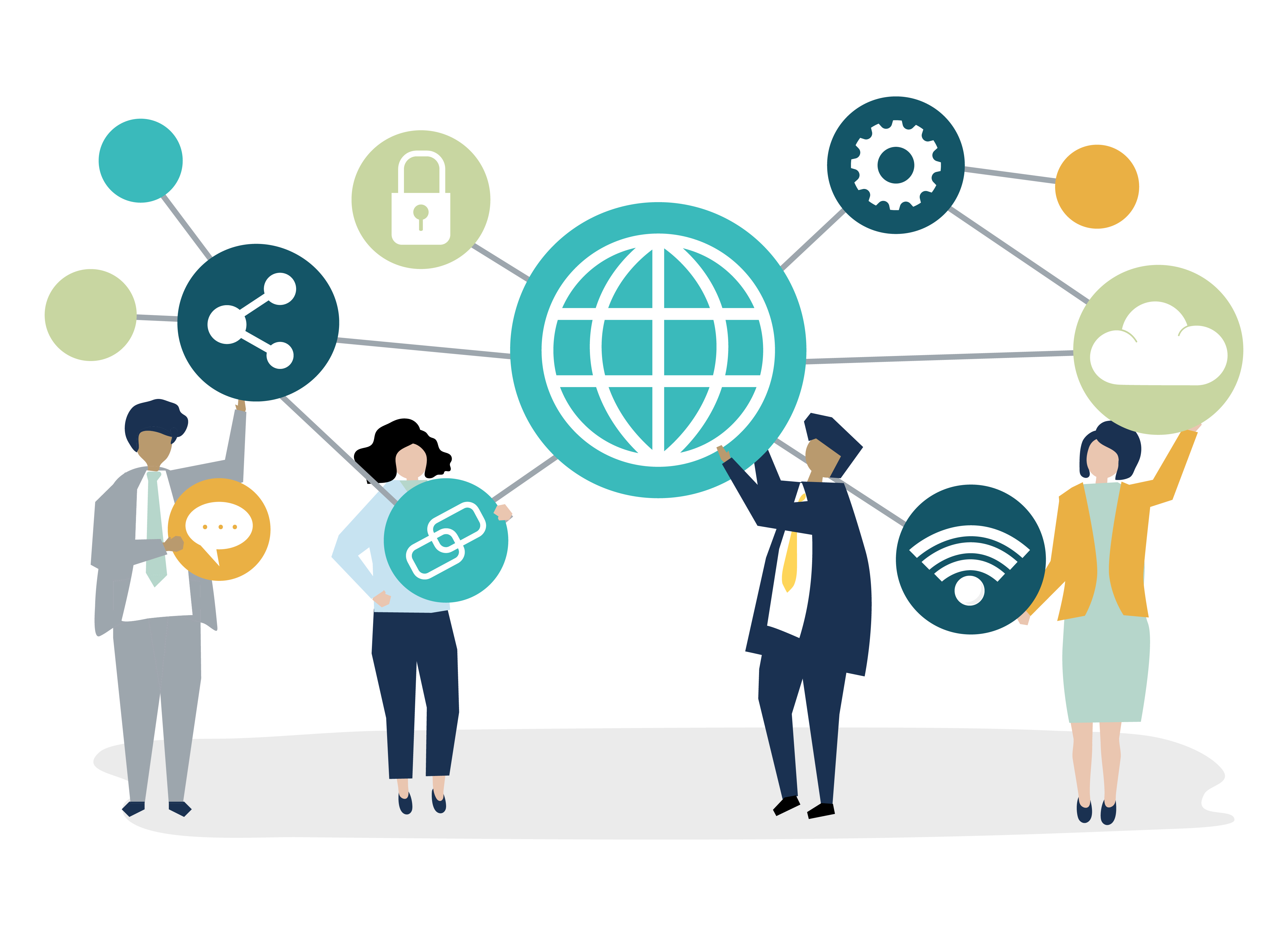 La imagen muestra a cuatro personas que sostienen iconos relacionados con internet (nube, internet, wifi, enlace, bloquear y compartir). Todos los iconos se conectan con otros  a través de líneas