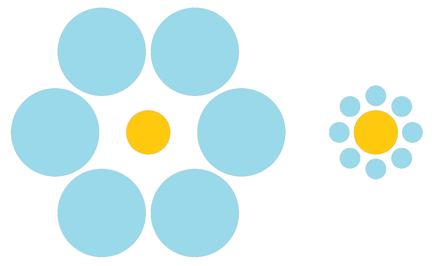 La imagen muestra dos círculos naranjas, uno rodeado por seis círculos azules grandes y la otra rodeada por siete círculos azules más pequeños