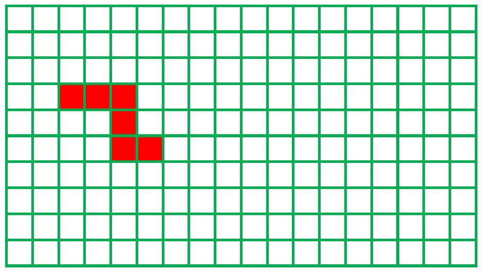 La imagen muestra una cuadrícula verde con una figura geométrica de color rojo
