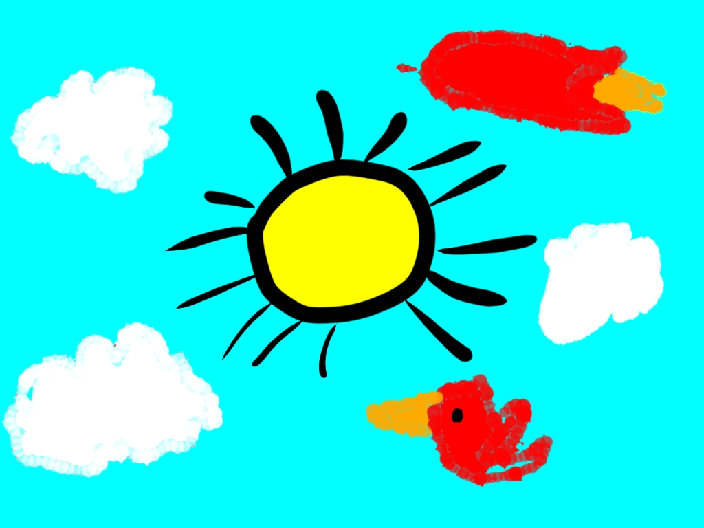 La imagen muestra un cielo con un sol, tres nubes blancas y dos pájaros rojos. Los dibujos son infantiles