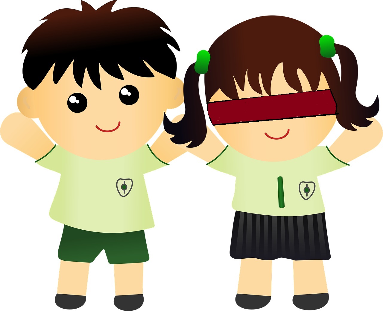 La imagen muestra un niño y una niña con uniforme de colegio, cogidos de la mano, y la niña lleva los ojos vendados