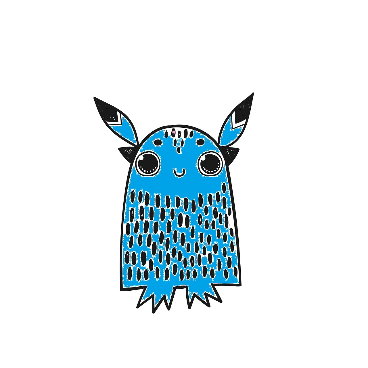 Monstruo azul con forma acampanada, con orejas puntiagudas, sin brazos y pies pequeños. Los ojos son grandes y está sonriendo
