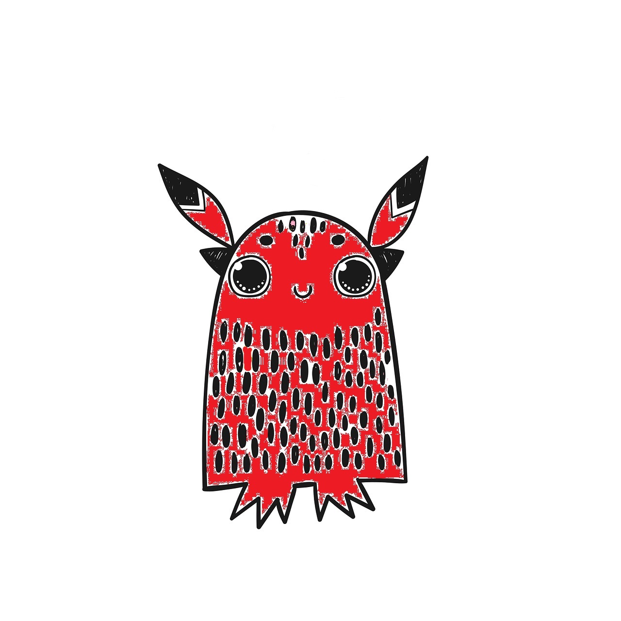 Monstruo rojo con forma acampanada, con orejas puntiagudas, sin brazos y pies pequeños. Los ojos son grandes y está sonriendo