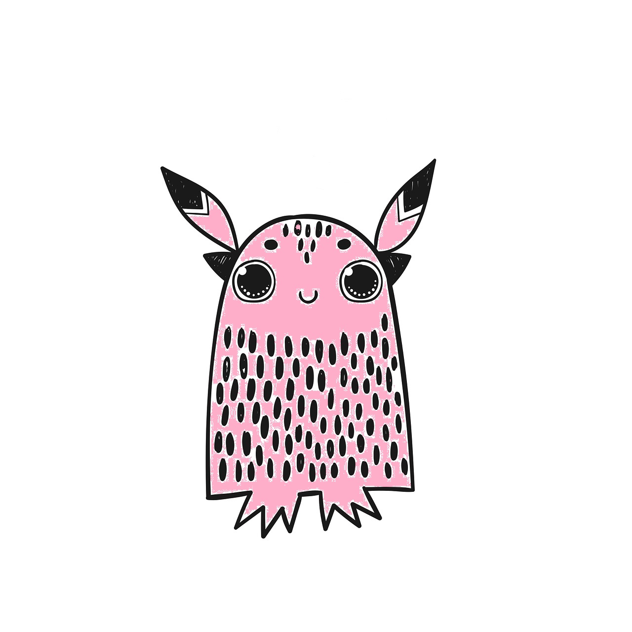 Monstruo rosa con forma acampanada, con orejas puntiagudas, sin brazos y pies pequeños. Los ojos son grandes y está sonriendo