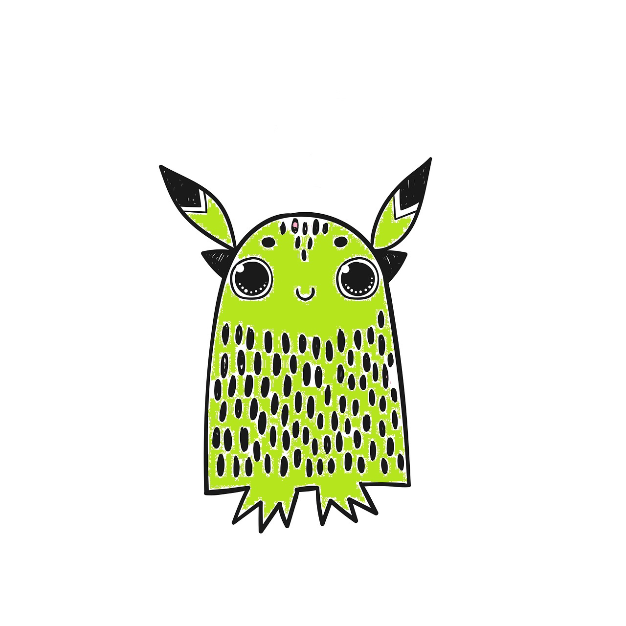 Monstruo verde con forma acampanada, con orejas puntiagudas, sin brazos y pies pequeños. Los ojos son grandes y está sonriendo