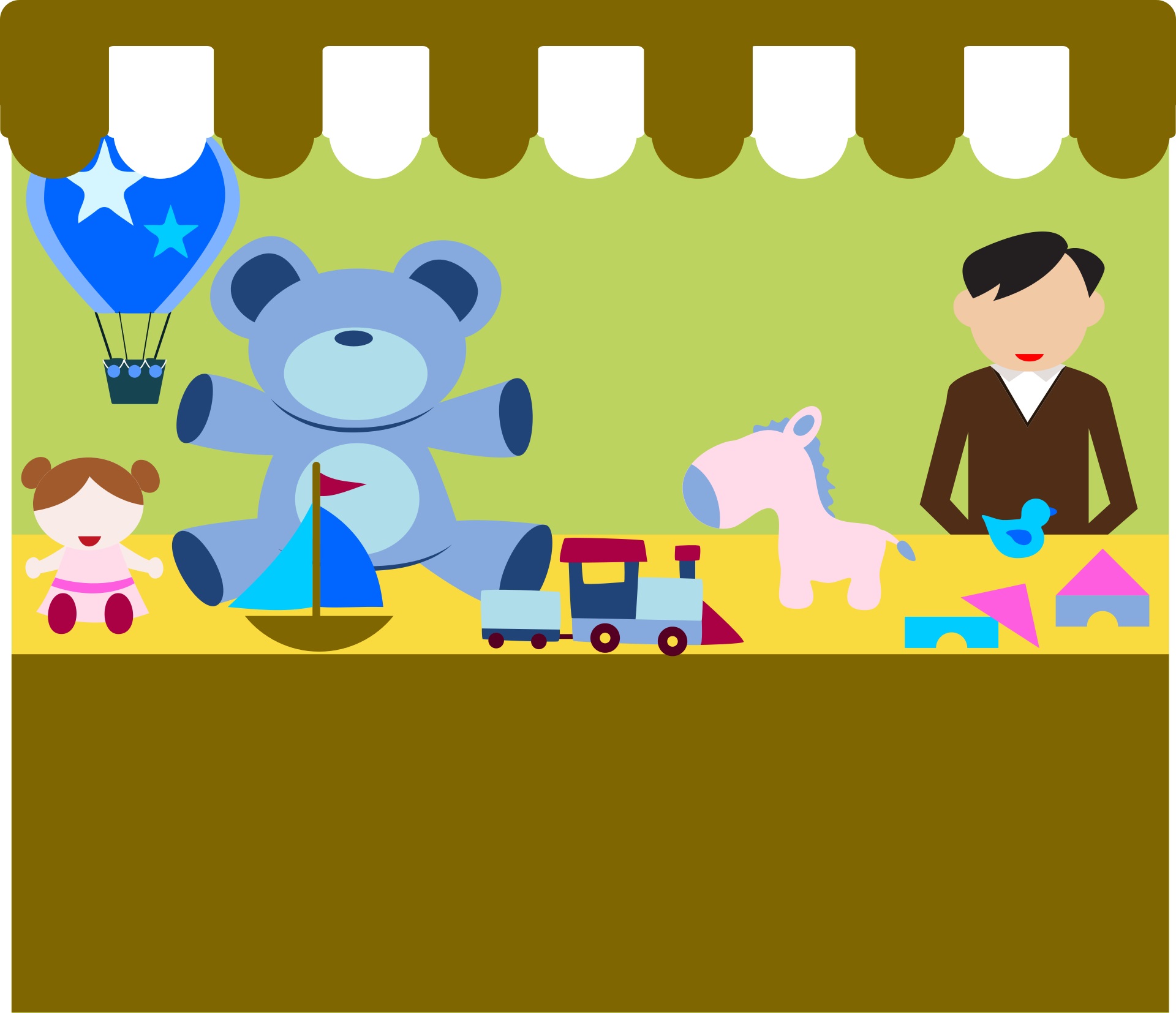 La imagen muestra un dibujo de una tienda con juguetes en el mostrador