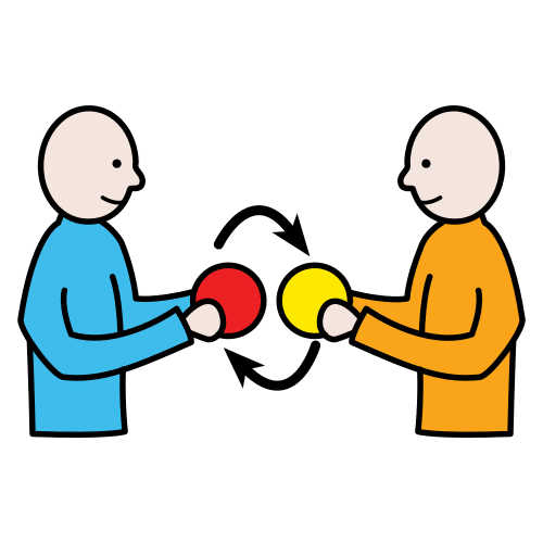 La imagen muestra dos personas que se cambian dos bolas, una roja y otra amarilla