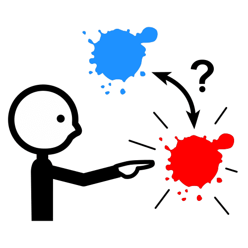 La imagen muestra una mancha de pintura   de color azul y otra de color rojo con una flecha que las señala a las dos y a una persona indicando con el dedo la mancha roja