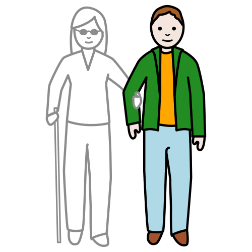 La imagen muestra un hombre coloreado y al lado, agarrada de su brazo una mujer con gafas oscuras y bastón, que sólo está dibujada y sin colorear