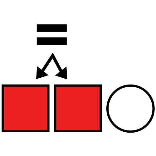 La imagen muestra dos cuadrados rojos iguales con el signo de igual encima y del que salen dos flechas que señalan a los cuadrados. Al lado hay un círculo blanco